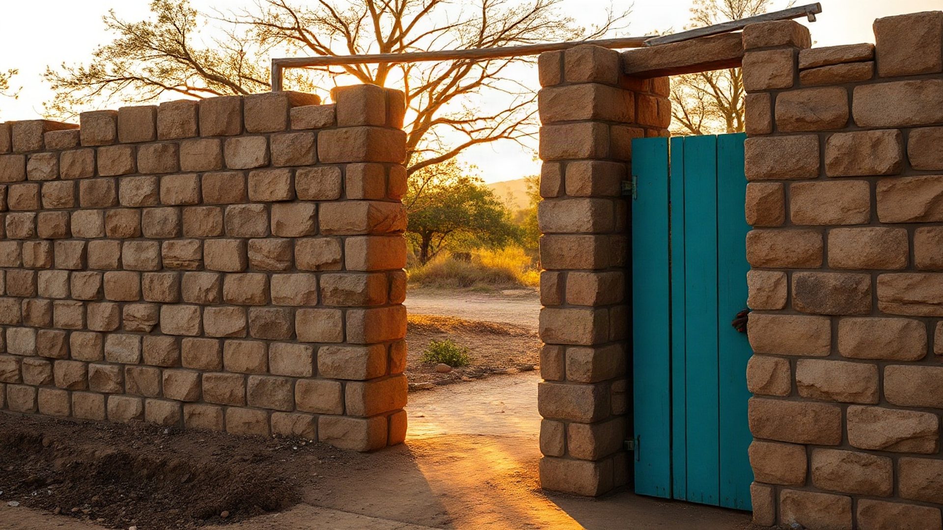 A freshly laid sandstone boundary wall in golden Garissa afternoon light