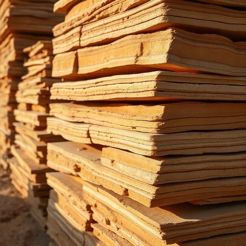 Stacked natural sandstone slabs at a Kenyan quarry yard in equatorial light