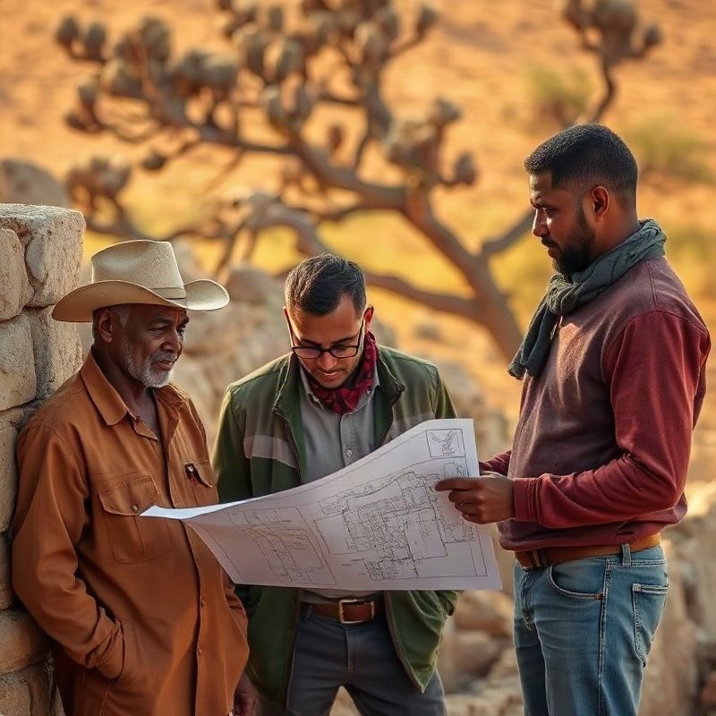 A small masonry crew of three reviewing a site plan beside a sandstone wall in warm Garissa light