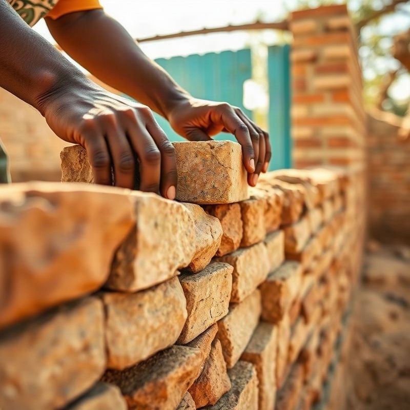 A mason's hands laying coursed stone on a wall in bright Garissa daylight